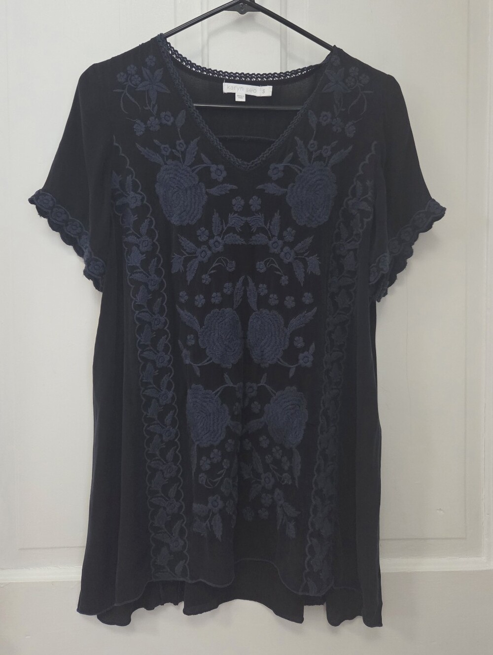 Karyn Seo Anthropologie Viscose Embroidered Top S Deep Blue